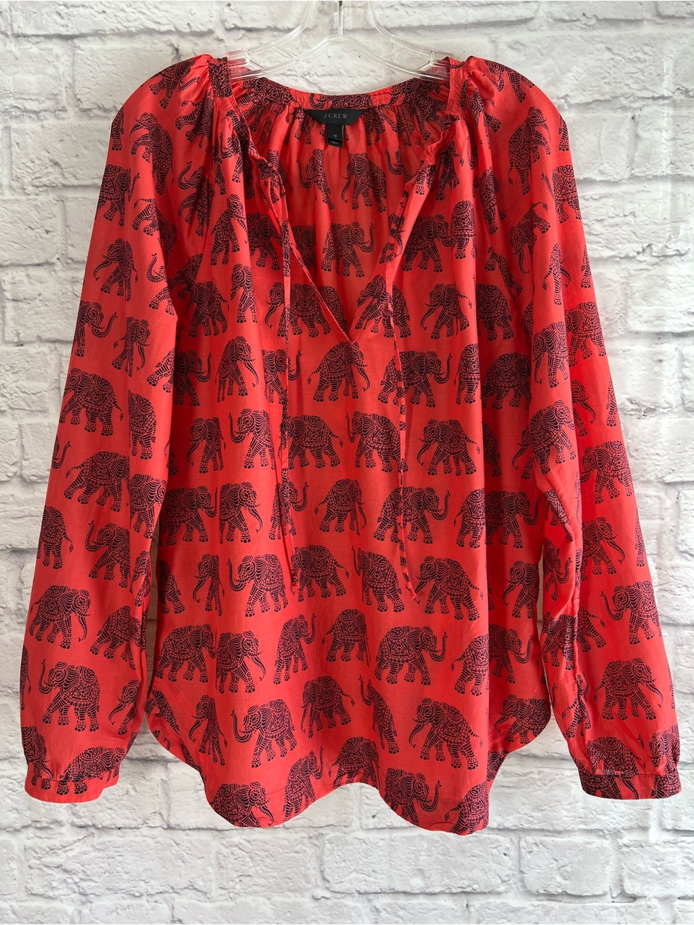 J. Crew Coral Red Elephant Print Peasant Top Size 12